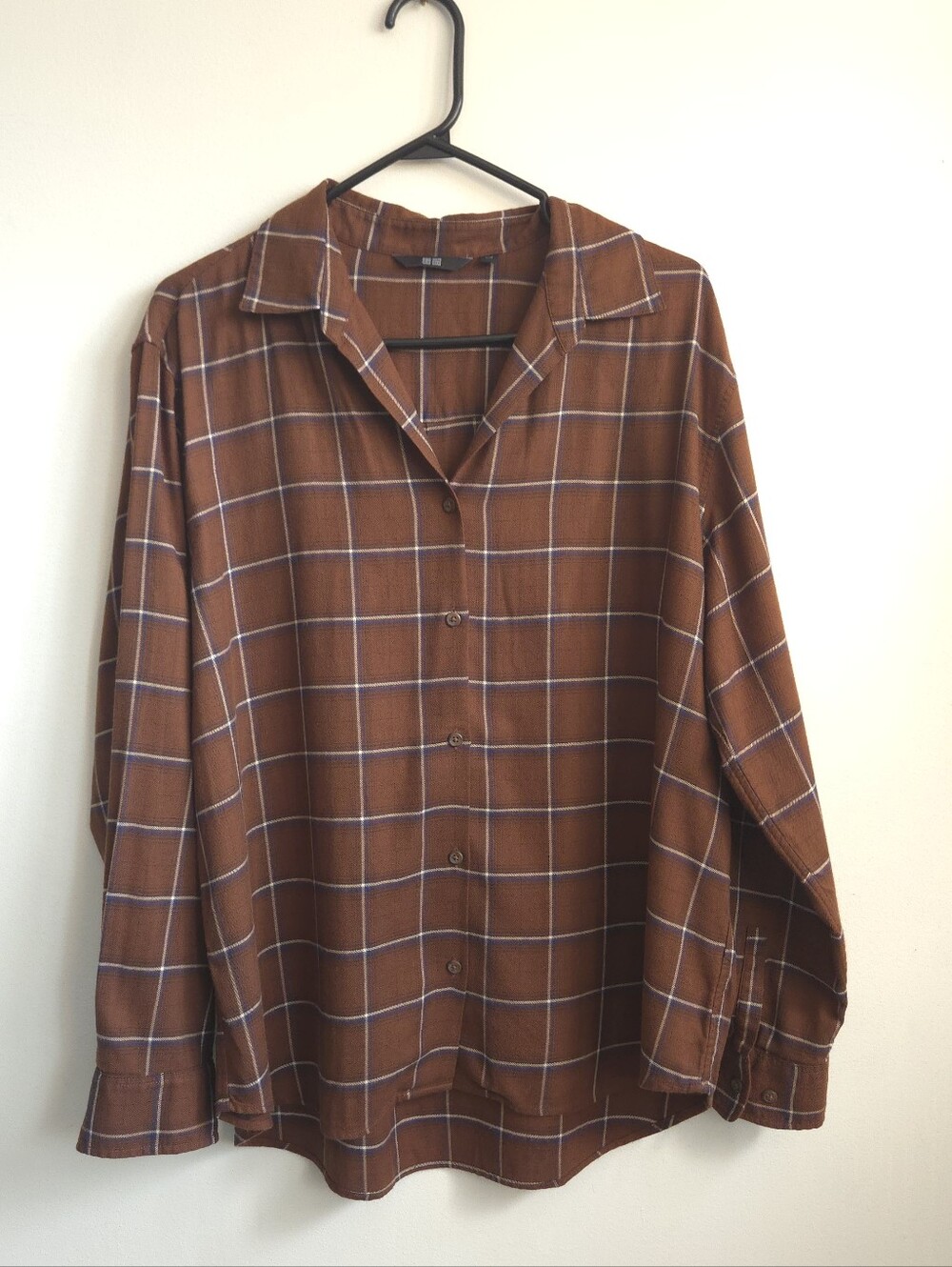 Uniqlo Brown Plaid Open Collar Flannel Shirt Size Large L Windowpane Grid - Picture 11 of 11